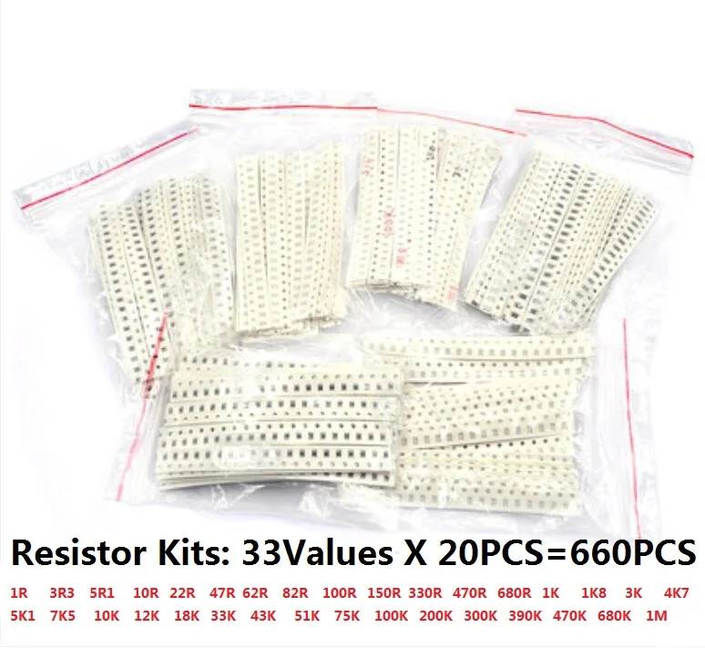 1206 SMD Resistor Kit 33valuesX 20pcs=660pcs 1ohm-1M Ohm 1% 3R3 5R1 10R 22R 47R 62R  82R 1/10k 100R 150R 330R 470R 680R 47k 680k