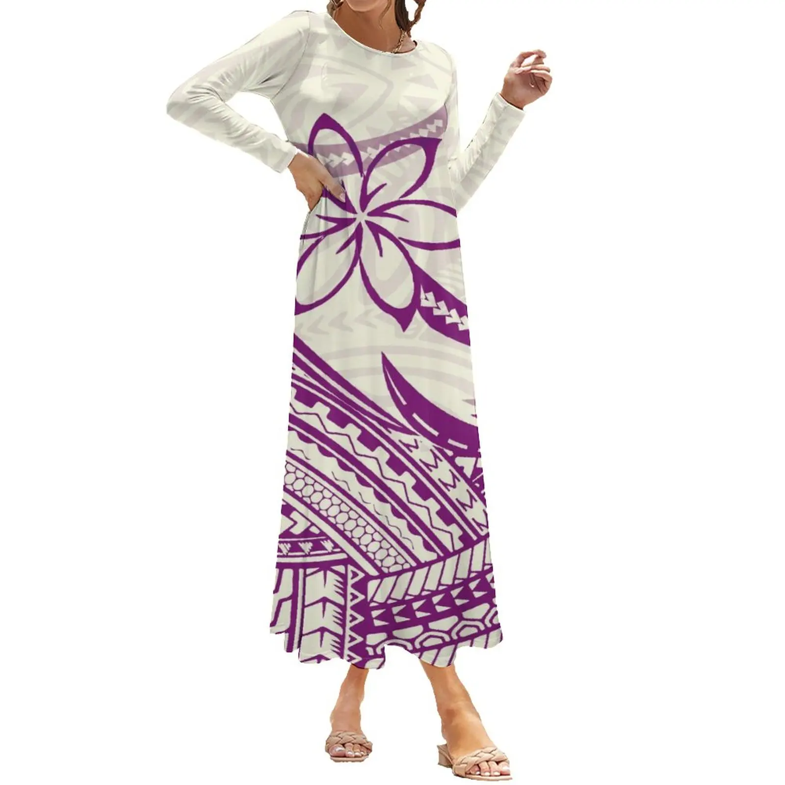 Custom Women'S Crewneck Long Sleeve Dress Samoa Polynesian Tribe Design Elegant Long Dress For Women