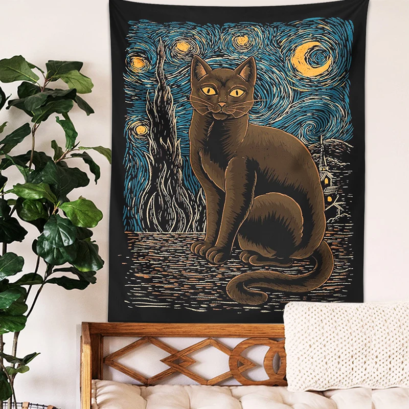 Starry Night cat Tapestry Wall Hanging retro cat Tapestries Van Gogh Mysterious Divination Witchcraft Black Cool home room Decor