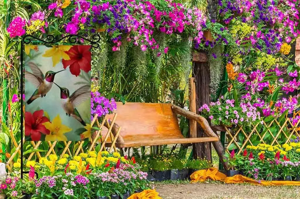 AOYEGO Two Hummingbirds Small Garden Flag Vertical Double Sided 12.5 x 18 Inch Red Flowering Hibiscus and Yellow Lilies Litt zzo