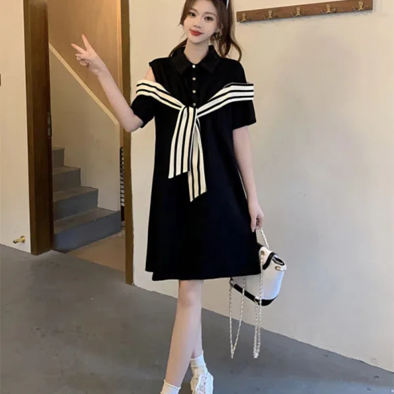 Off Shoulder Striped Polo Neck Mini Dress Summer Short Sleeve Loose Patchwork Solid T Shirt Dress Casual Fashion Women Clothing