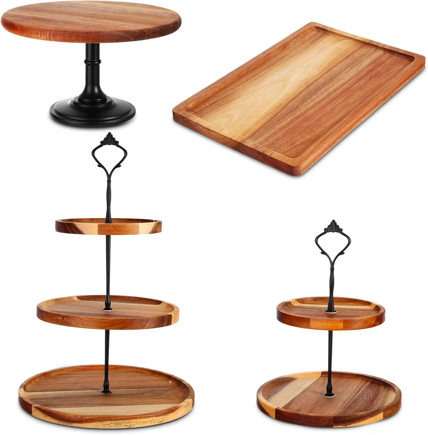 

4-Piece Wooden Cake Stand Set, 2 & 3 Tier Rustic Cupcake Tower for Baby Shower, Wedding, Birthday Tea Party Decor