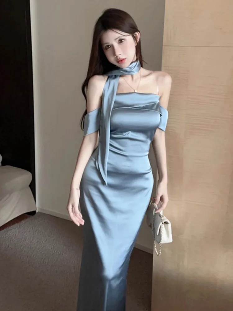 Ezgaga Woman Dress Sexy Ribbon Bandage Elegant Sleeveless Off Shoulder Slash Neck Slim Backless Elegant Party Dresses Female