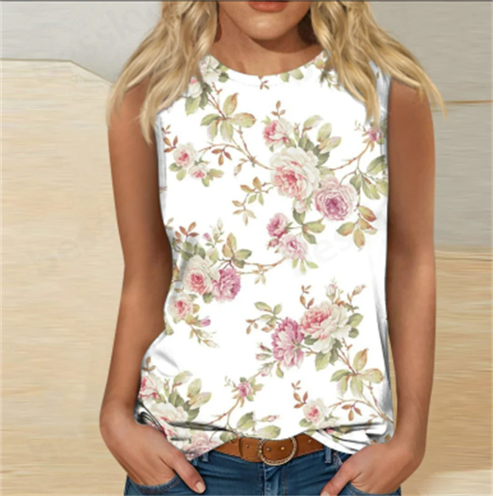 

Women's summer vest casual round neck sleeveless loose and comfortable flower printed vest top