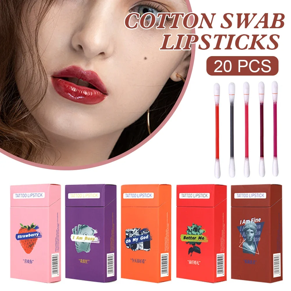 20pcs/box Cotton Swab Lipsticks Set Waterproof Non-Sticky Tattoo Cigarette Lipgloss Long Lasting Lips Stain Disposable Lipstick