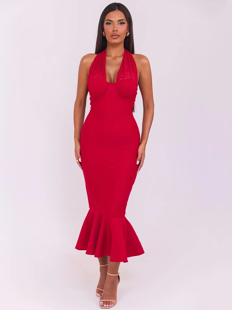 Mozision Mouwloze Fishtail Maxi Jurk Voor Vrouwen Herfst Nieuwe Halter Diepe V Hals Backless Bodycon Party Sexy Lange Jurk Elegant