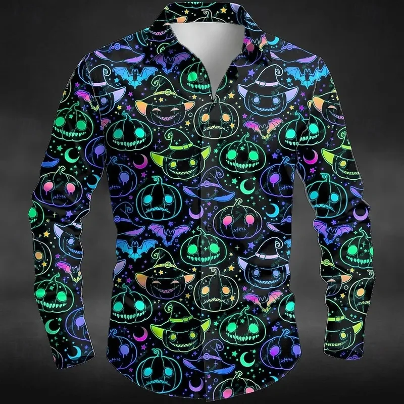 2026 Fall Winter Halloween Theme Men's Pumpkin Neon Halloween Costumes Shirt Button Up Shirt Long Sleeve Shirt Colorful Tops