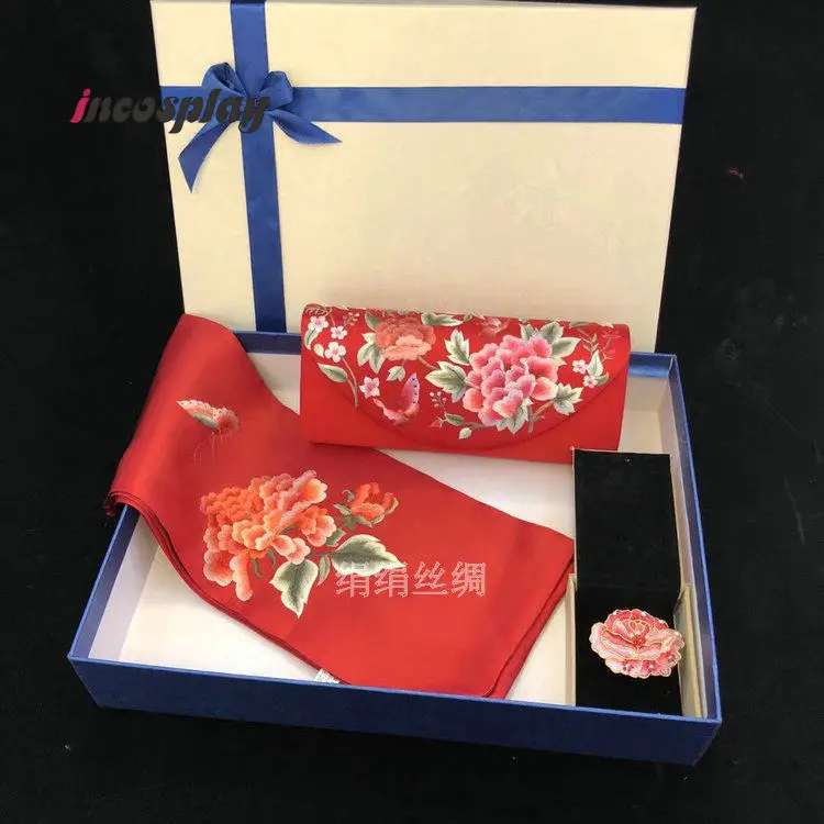 Chinese Embroidery Silk Scarf, Scarf Buckle & Evening Clutch 3Pcs Gift Box Set, Exquisite Luxury Present view 5