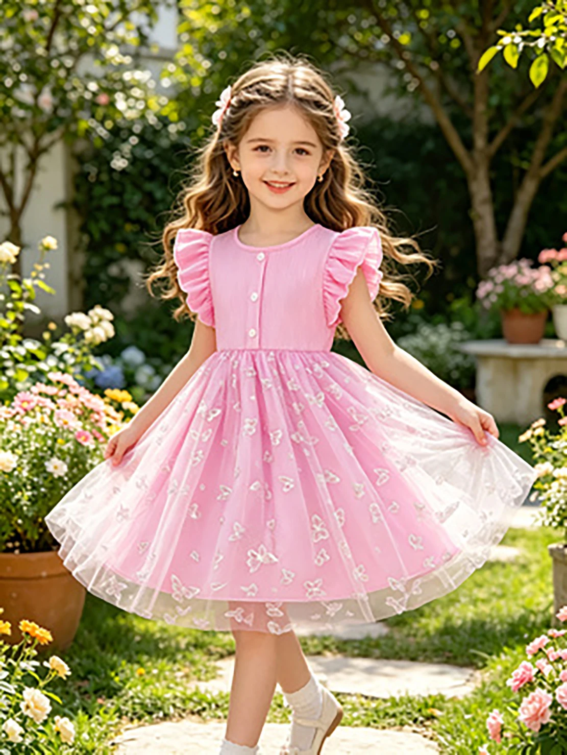 Mädchenkleid mit rosa Schmetterlingsstickerei, Prinzessinnenkleid, Sommerkleid mit Flatterärmeln und Knöpfen aus Tüll – Detail 4