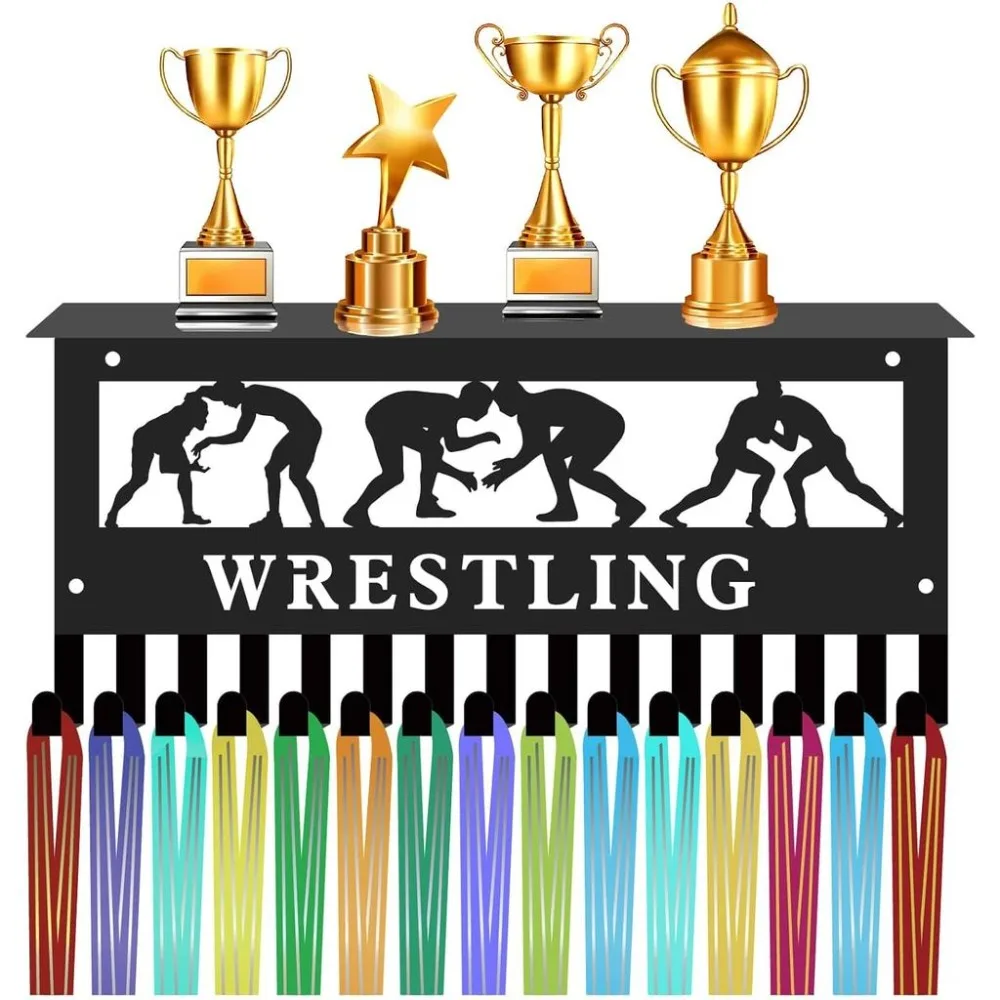 Wrestling Medal Hanger Display with Shelf Trophy Medal Holder Sports Frame Hooks Hanging Awards Mount Medal Rack for Holding