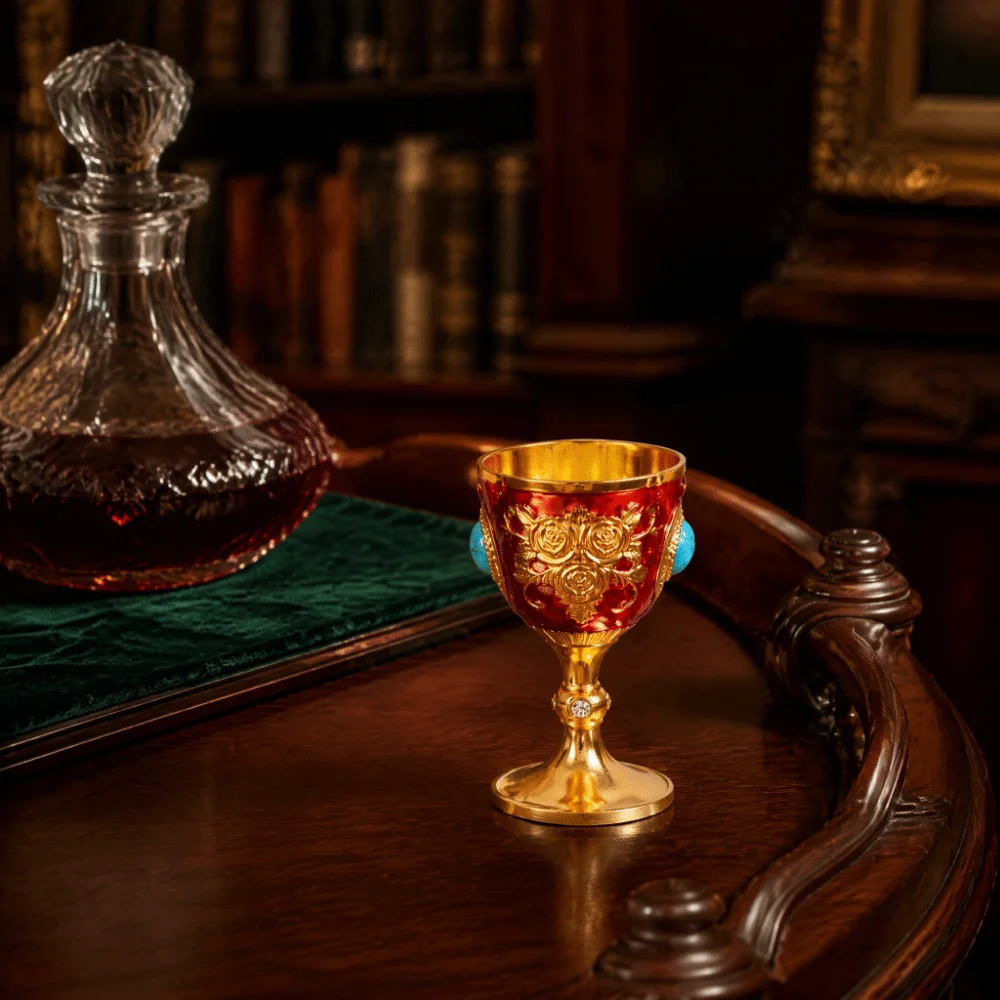 Flower Embossed Rose Chalice Goblet Zinc Alloy Rhinestone Synthetic Turquoise Wine Cup Vintage Medieval