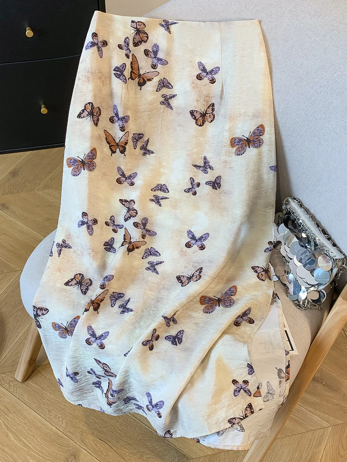 

New Chinese Sle Women's Asymmetrical Skirt with Flower Print Elastic Waist Casual Commute Length Midi Skirt