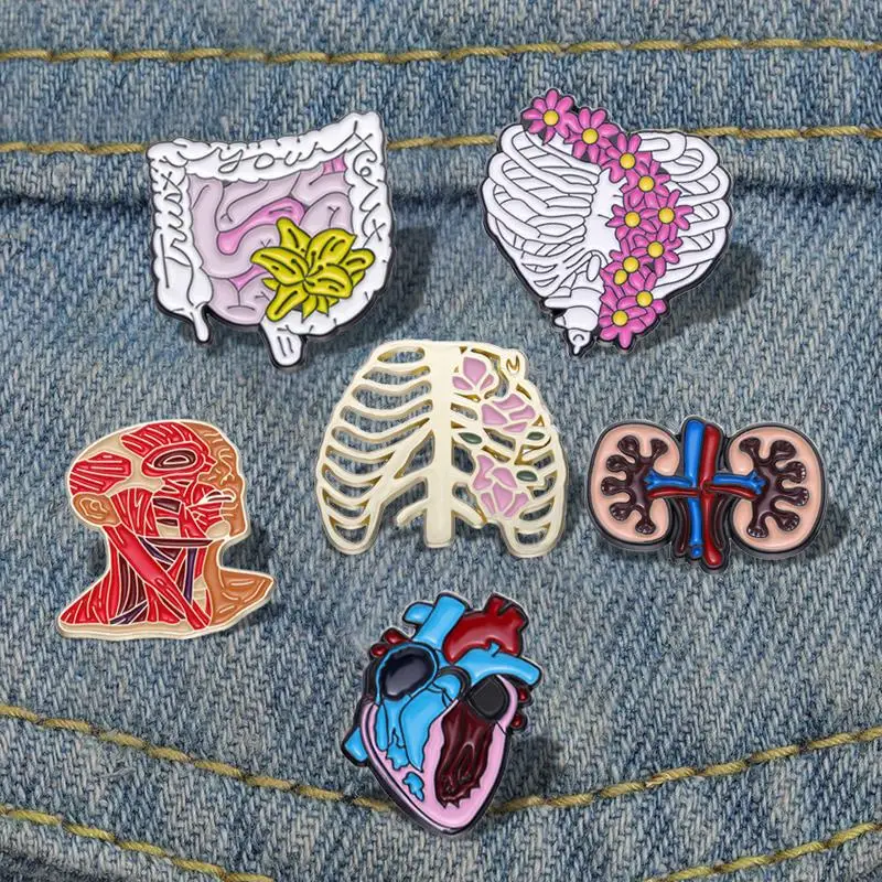 

Floral Organs Enamel Pins Custom Rib Cage Heart Intestine Nervous System Brooch Lapel Badge Medical Jewelry Gift for Friends