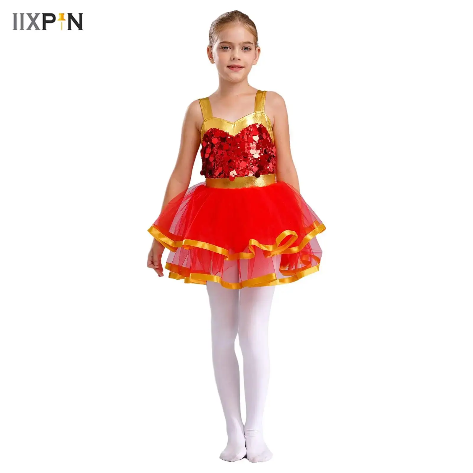 

Kids Girls Ballet Dance Dress Sleeveless Color Block Sparkling Sequins Tulle Tutu Dresses for Jazz Latin Dance Performance