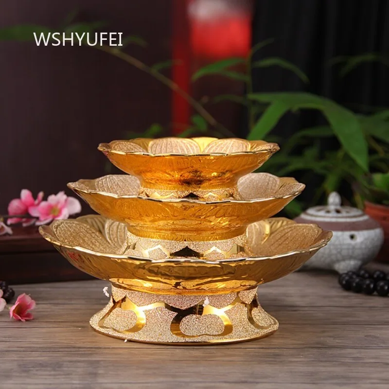 Golden Lotus Offering Plate with Relief Carving and High Pedestal Base Buddhist Altar Fruit Tray for Home Temple Decor
