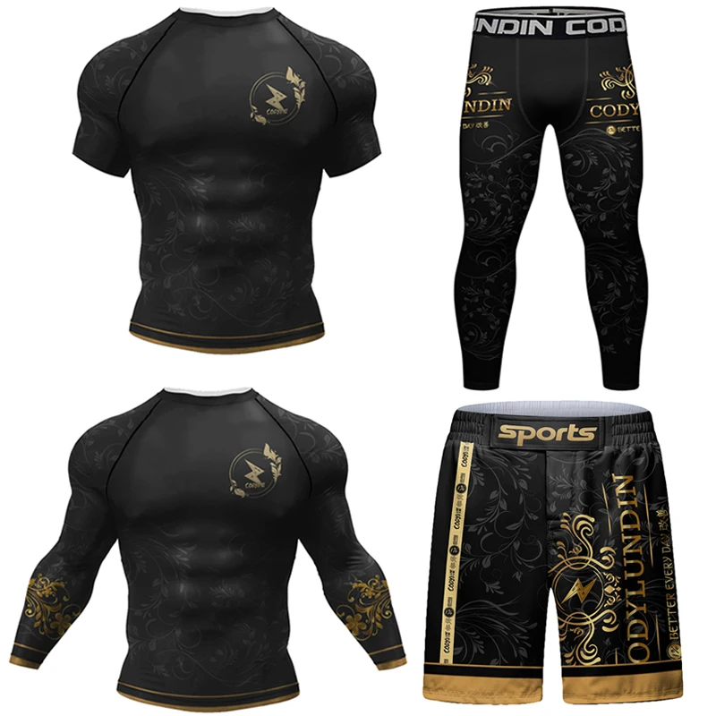 MMA Blank Rash Guard T-shirt + spodnie zestawy BJJ Gi Jiu-Jitsu Rashguard koszulki bokserskie dla mężczyzn Muay Thai Kickboxing garnitury kompresyjne