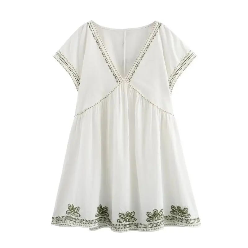 Slimming Contrast Color Embroidery V-ne ort Dr New Summer 2024 Women's Faion Commute Sle Single Piece Dr