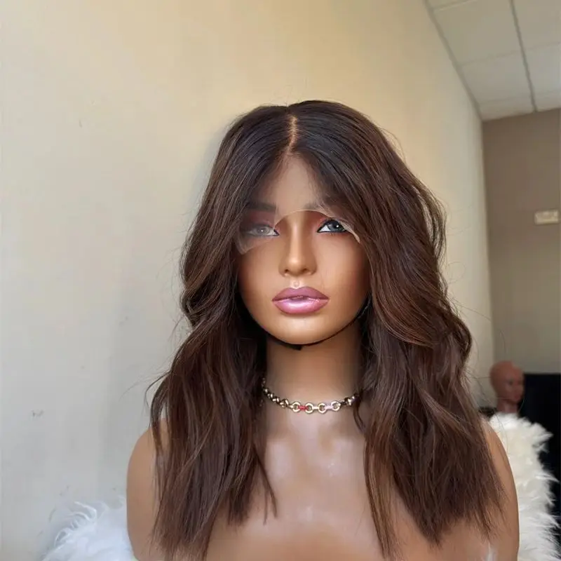 

Synthetic Lace Front Wig Dark Brown Wig Light Brown Highlight Wig with Reddish Streaks Soft Hairline Natural High Quality 20''