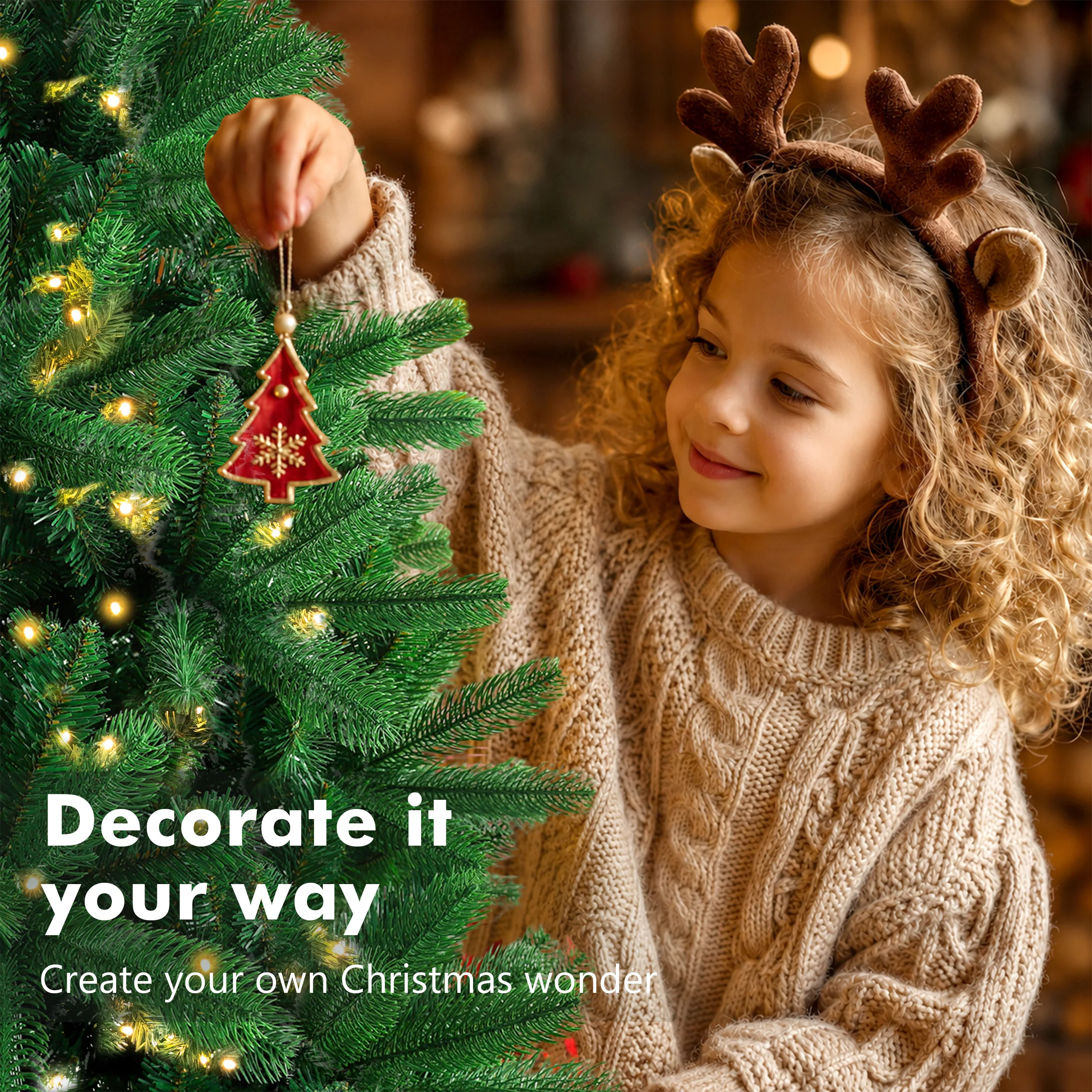 Vorgefertigter künstlicher Weihnachtsbaum mit gemischten PE- und PVC-Zweigen, warmweißes LED-Licht, flammhemmende, geruchlose Spitzen, Holzständer, 180/210/235 cm, vollständig wiederverwendbarer Weihnachtsbaum für Heim-, Büro- und Partydekoration. – Detail 10