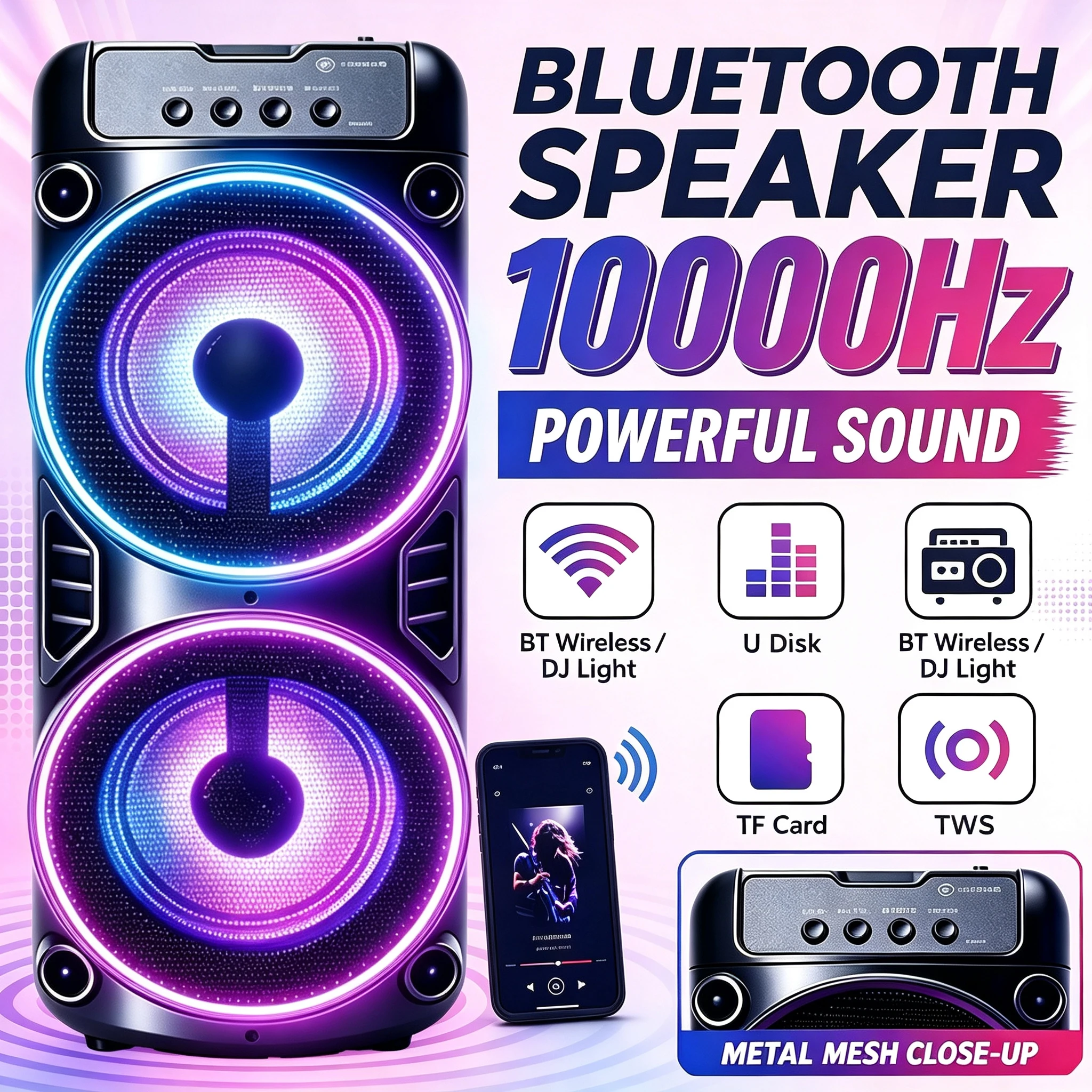 Professional Large Bluetooth Speaker  Portable Design, Featuring JBL Subwoofer Party Box, LED Lights, Compatible with BT/USB/TF/AUX/FM/TWS/MIC/EQ Functions, Professional Karaoke. Ideal Gift for Birthdays, Christmas, and New Year