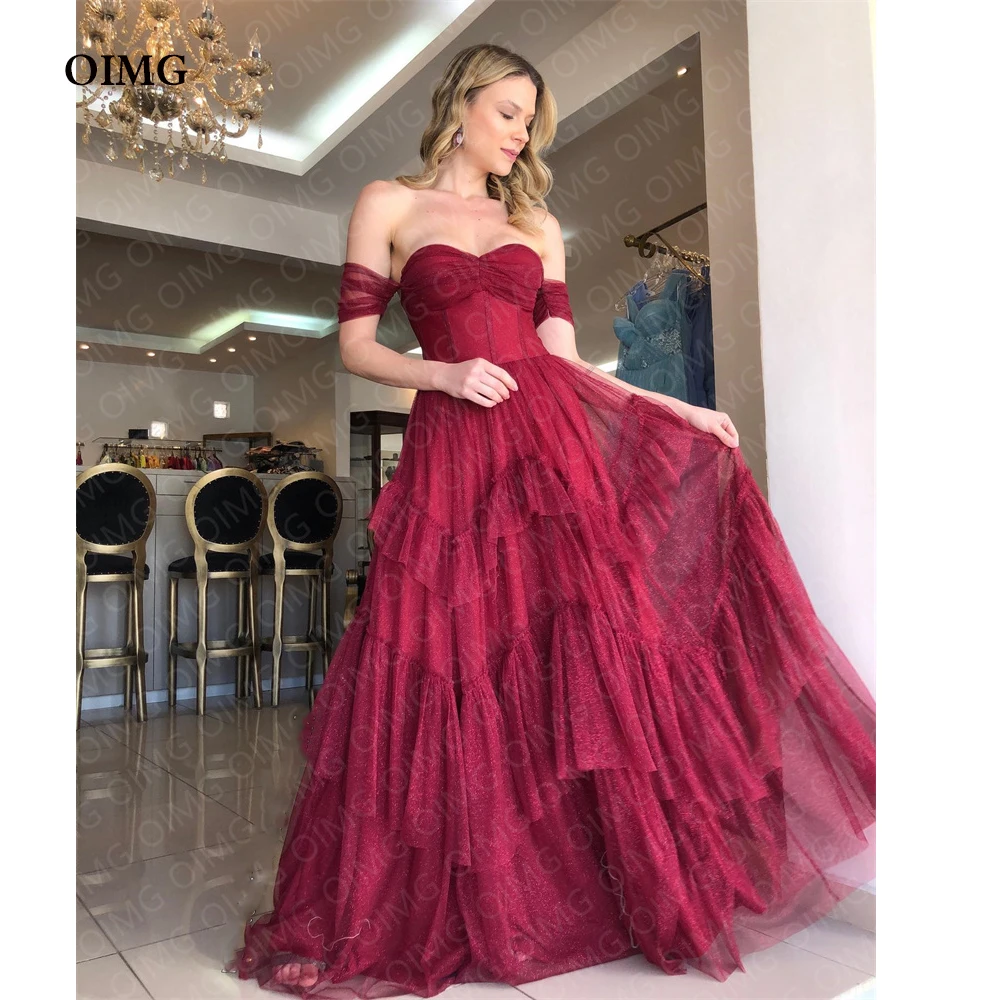 OIMG Modern Dark Red Silk Chiffon Long Prom Dresses Off Shoulder Sweetheart Beach African Women Formal Party Evening Dress