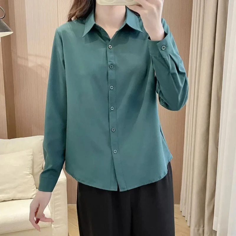 Spring Autumn Women\'s 2024 New Spliced Polo Collar Button Fashion Solid Color Slim Minimalist Casual Long Sleeve Blouses Shirts