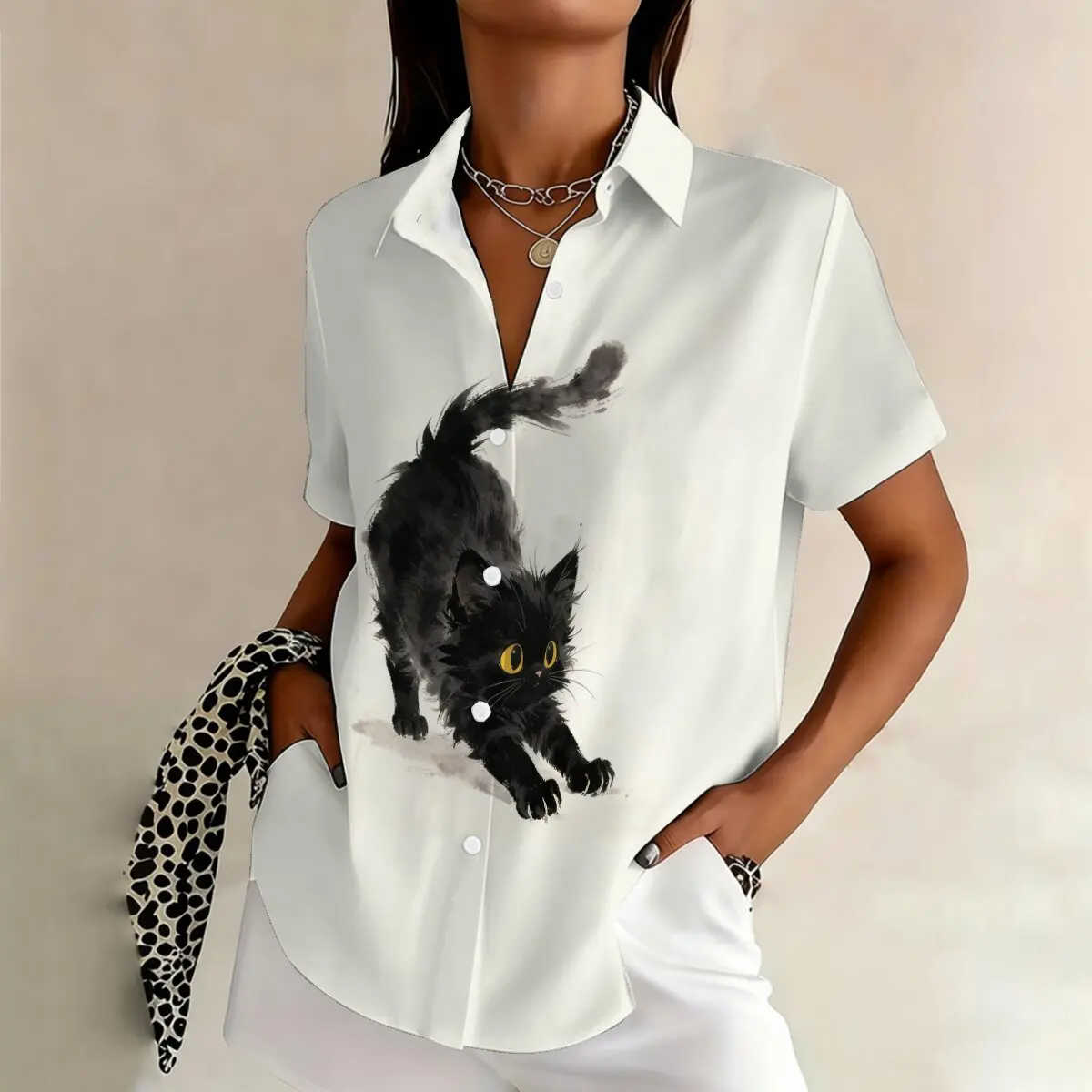 

Summer fashion plus-size women's short-sleeve lapel shirt, white base with black cat pattern, stylish & cute, perfect for casual