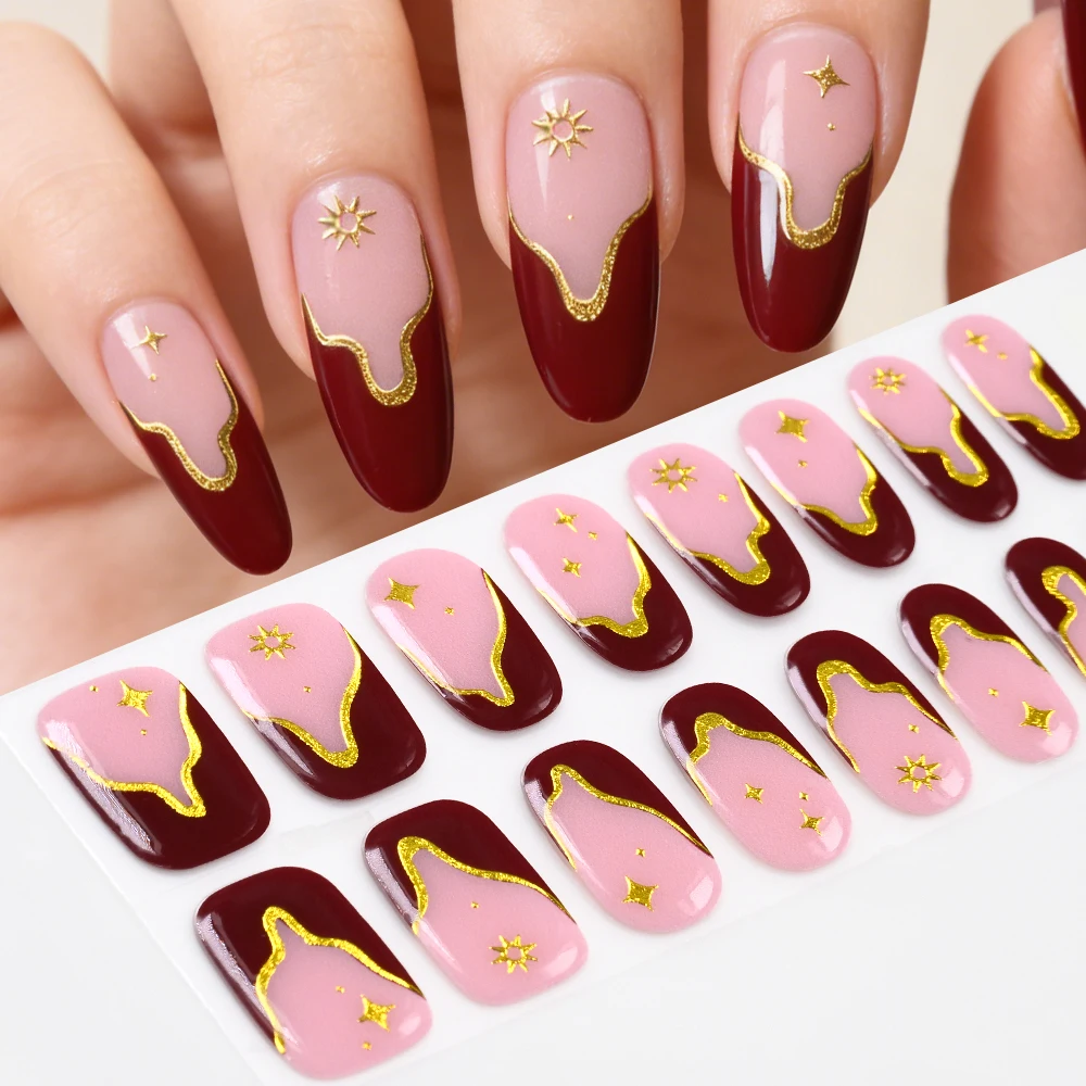 16Tips Wine French Tip Gel Nail Stickers Squoval Semi Cured Adhesive Nails Wraps Gold Star Pattern Full Cover UV Manicure Strips