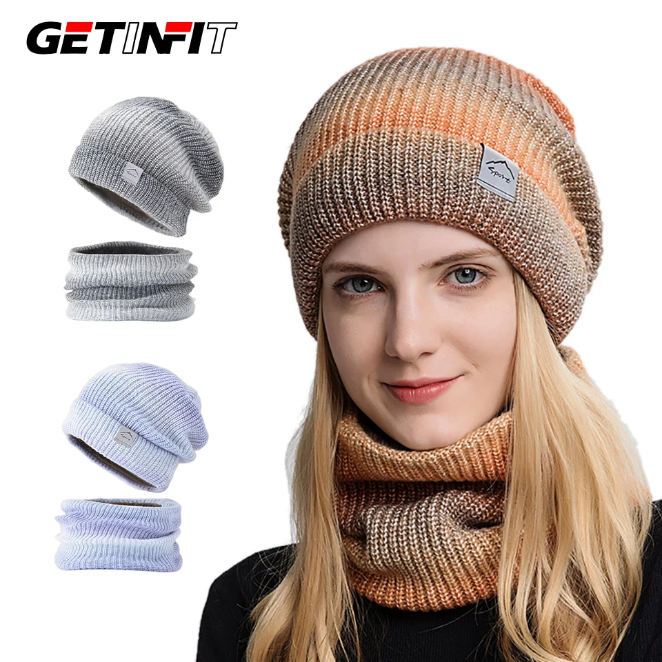 

GETINFIT 1Pcs Winter Gradient Color Knitted Hat Thickened Warm Ear Protection And Cold Proof Women Knitted Hat Two Piece Set