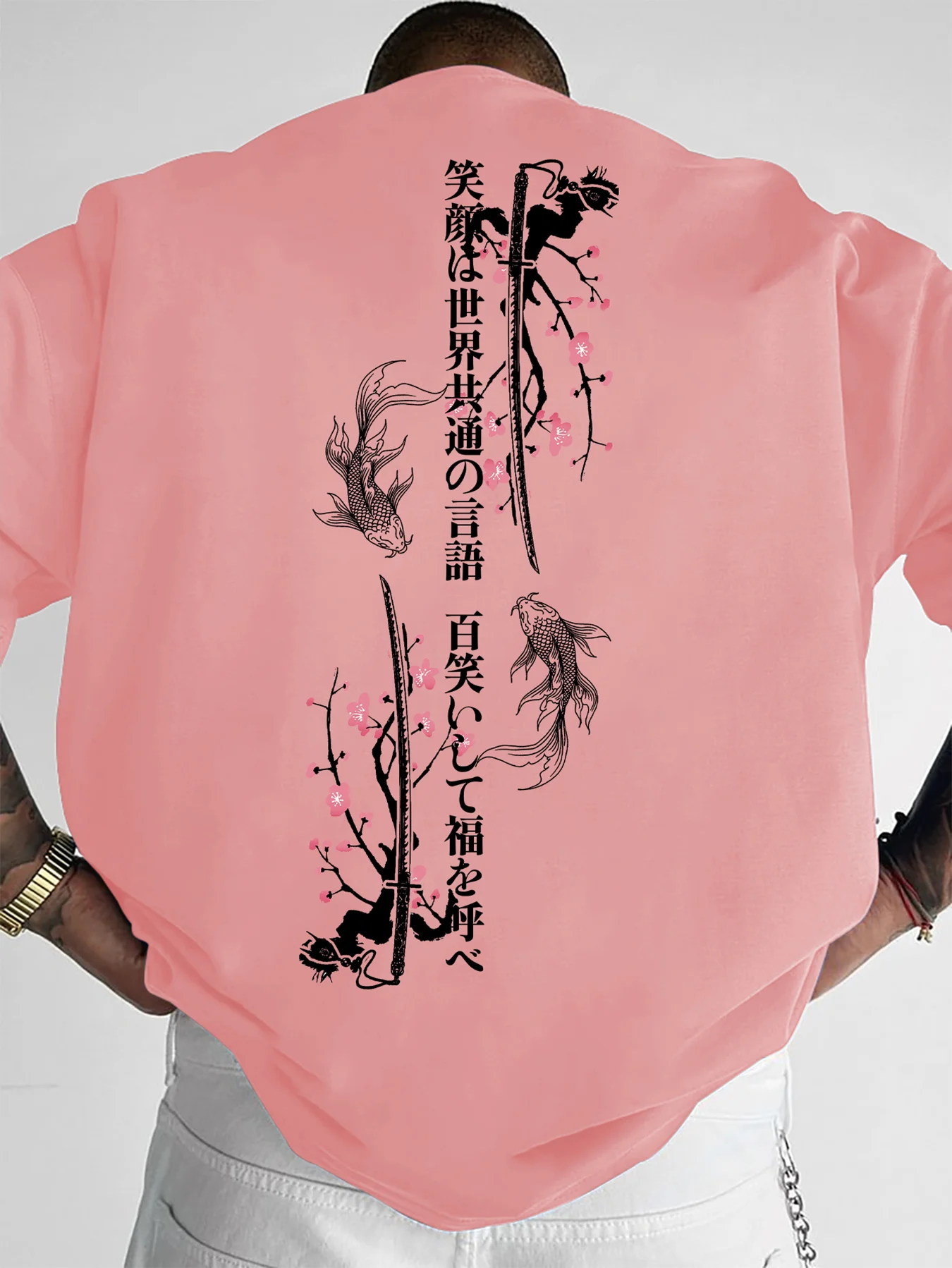 Summer T-shirts for European and American Men Japanese Cherry-blossom Carp Patterns Suitable Daily Outdoor Wear 100% Pure Cotton