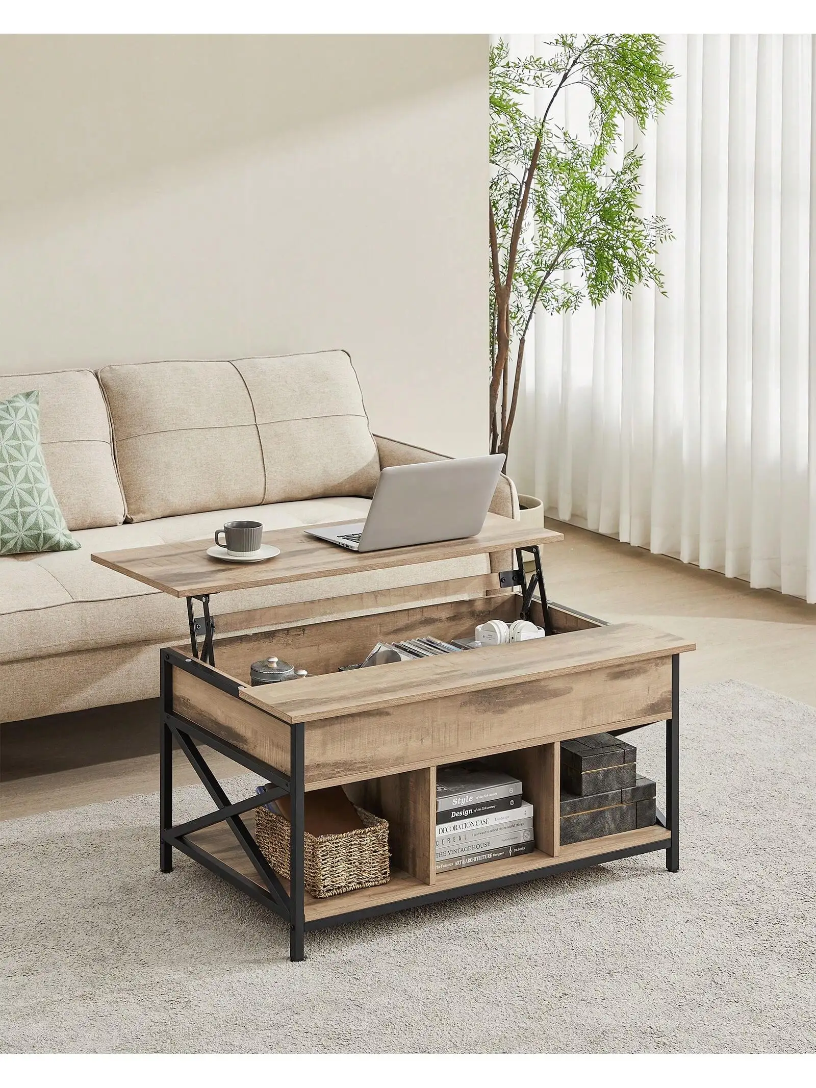 VASAGLE tavolino elevatore: aperto/nascosto, barre a forma di X. 60 x100x(48-62) cm. Ideale per il soggiorno.