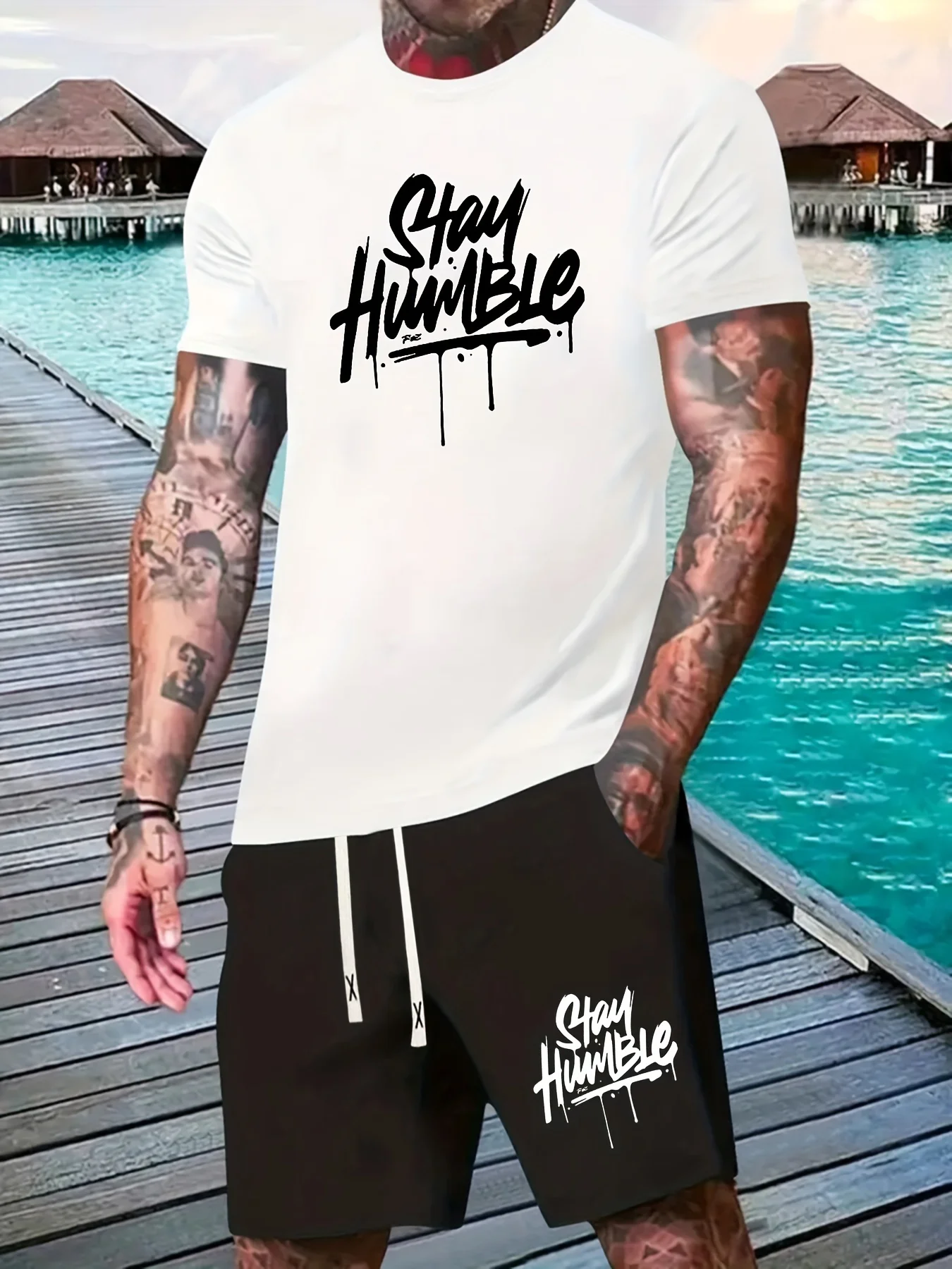 

Men's Summer Letter-Print Casual Round-Neck Short-Sleeve Set Men Fashionable Outdoor Vacation and Travel Outfit Hip-HopStyle Set