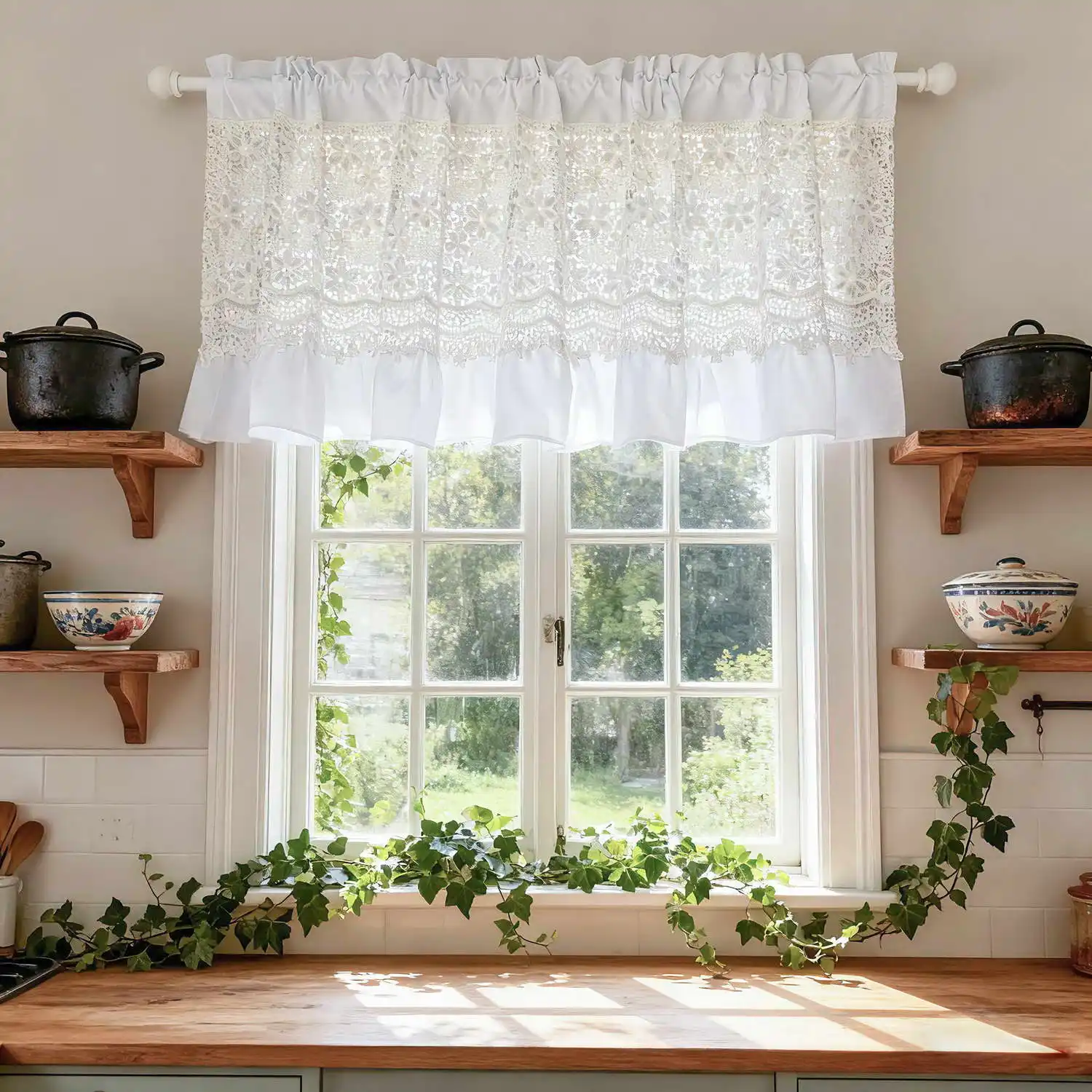 1PC White Hollow Floral Short Curtain for Small Window Kitchen Gauze Window Drape Study Home Decoration