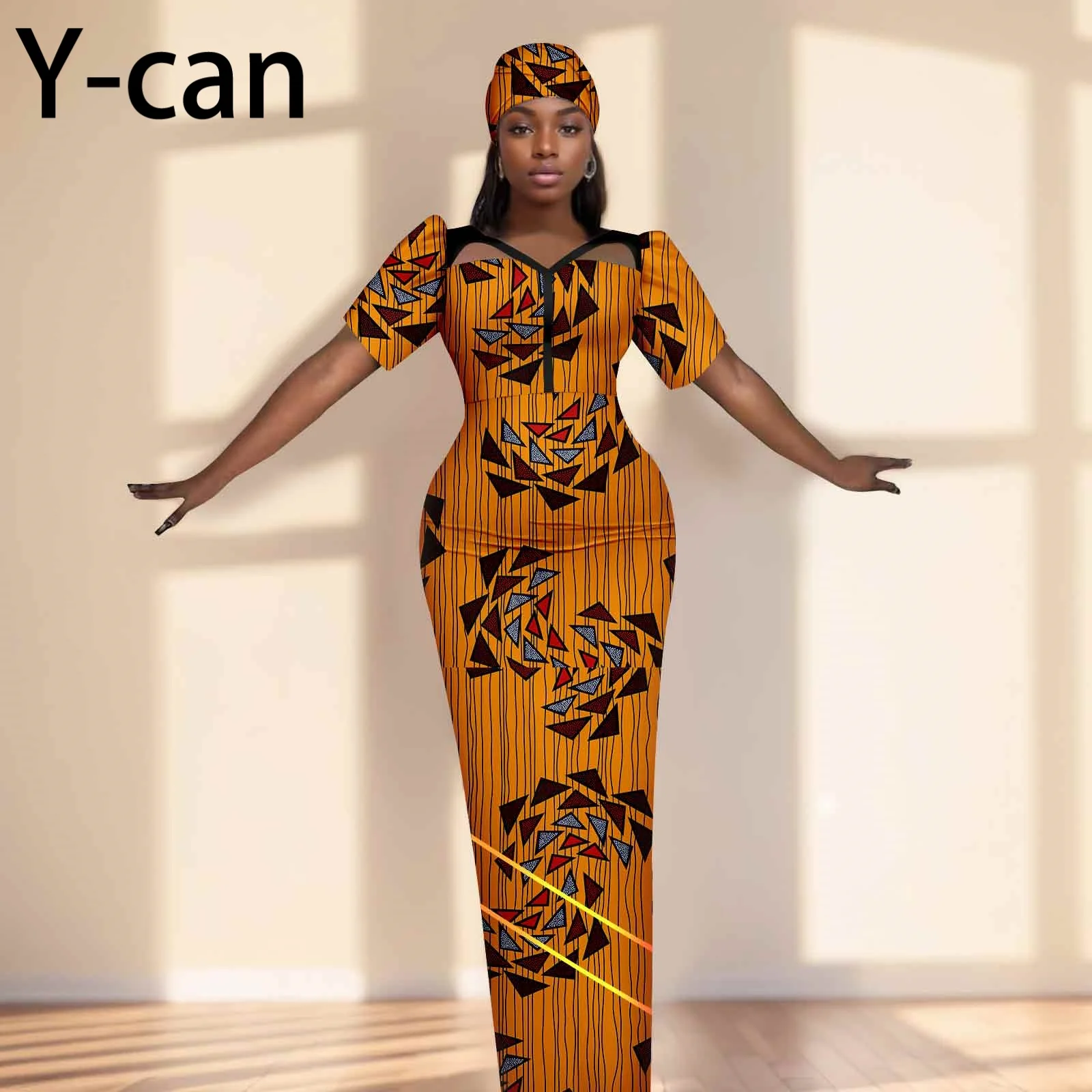 Party Gown African Dresses for Women Slim Fit Short Sleeve Dress Evening Vestidos with Headwrap Dashiki Ankara Print 2525071