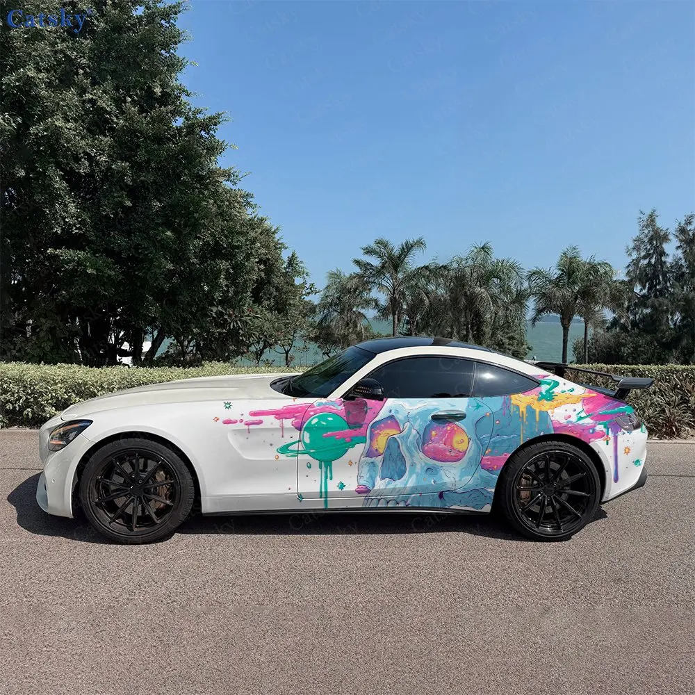 

2pcs Color Ink Skull Cosmic Vibe, Durable, Fade-resistant, Enhance Vehicle Aesthetics With Bold Artistic Design Car Vinyl Wraps