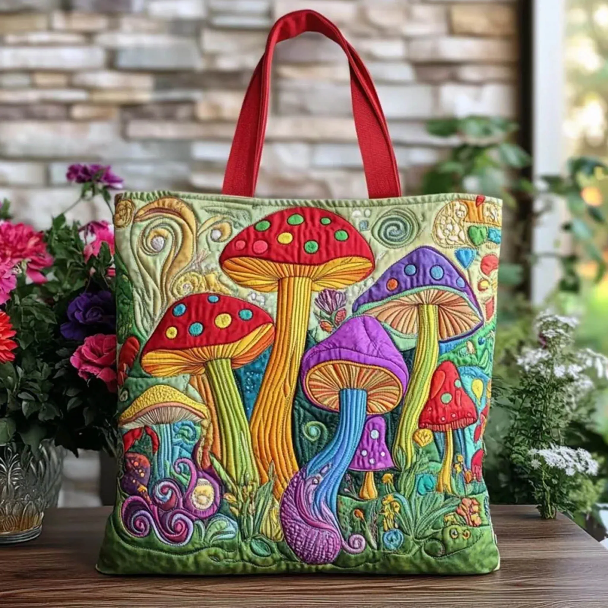 

Whimsical Fairy Tale Mushroom Quilted Tote Bag Women Men Cottagecore Forest Fantasy Handbag Casual Hippie Daily Shoulder Bag