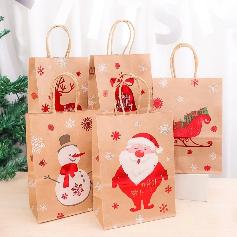 Kraft Paper Bag Christmas Packaging Gift Paper Handbag Santa Claus Snowman Pattern Merry Christmas Home Party Decor Candy Sack