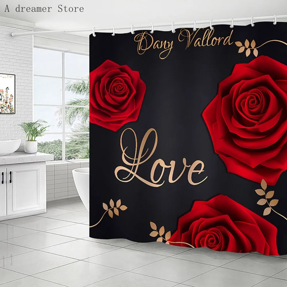 3D Print Red Rose Flowers Bath Curtain Waterproof Shower Curtain Lover Couple Valentine's Day Bathroom Decor 180x180cm