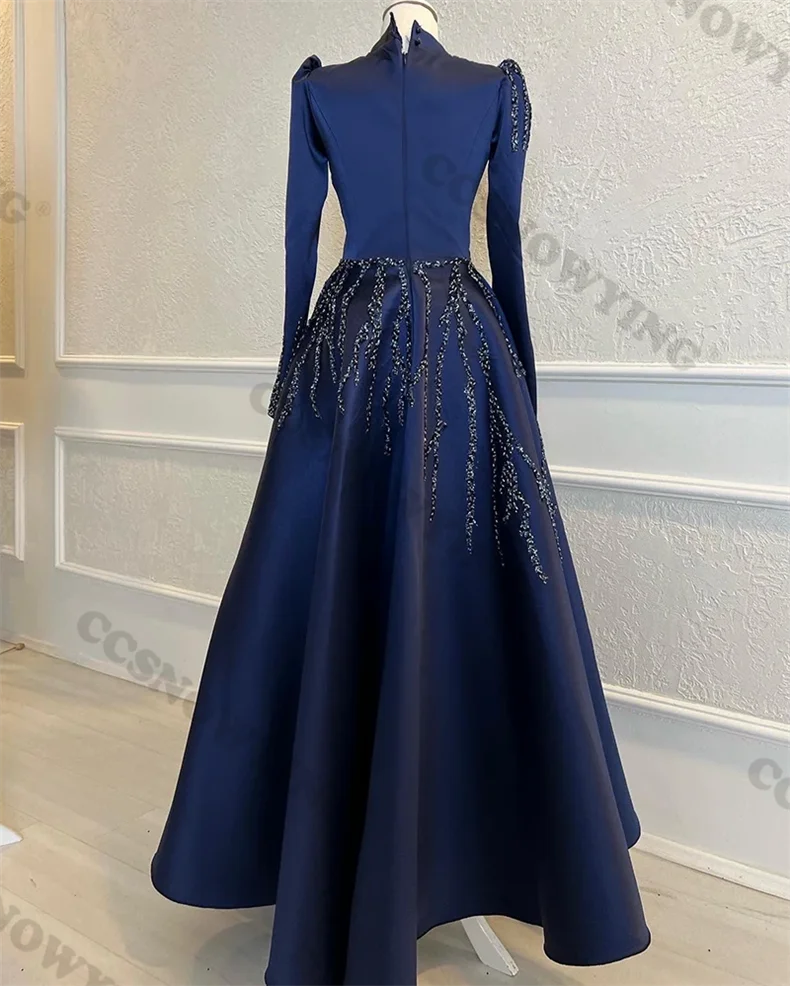 Navy Blue Satin Beaded Muslim Evening Dresses Long Sleeve Hijab Women Islamic Formal Party Gown Arabic Dubai Robes De Soirée