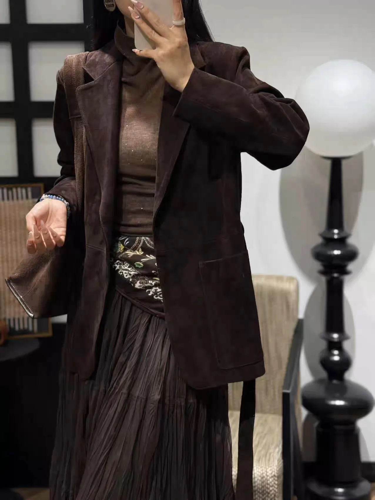 Elegante giacca in pelle scamosciata per bambini di fascia alta per donna Cappotto lungo monopetto con collo quadrato ramato con cinturino Capispalla femminile