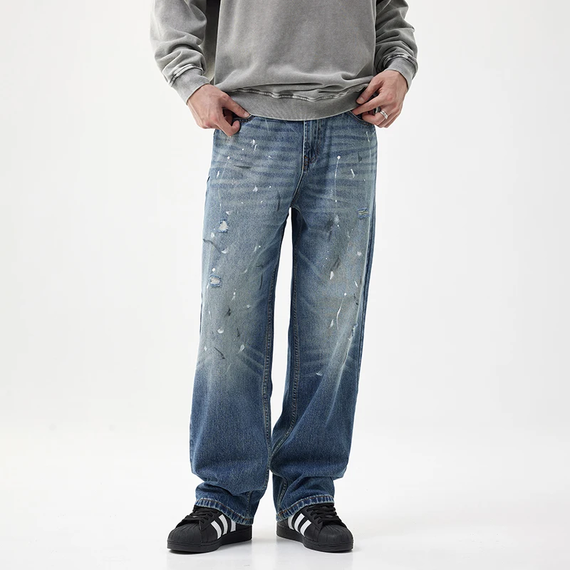 Vintage American high street men's jeans 2024 fall new personalized ink paint loose casual straight pants Streetwear　