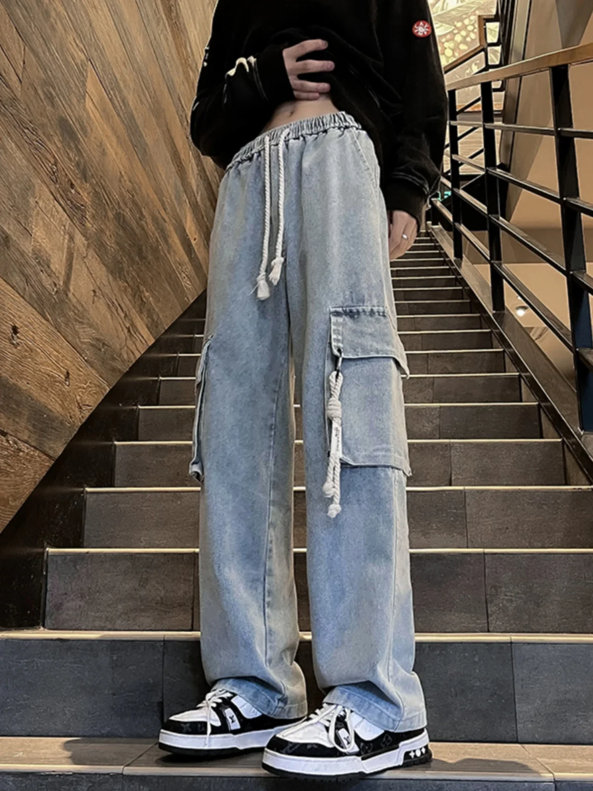 

Casual Waed Light Blue Men's Workwear Jeans Loose Straight Leg Trousers Dstring Wide Leg Long Pants Autumn Faion