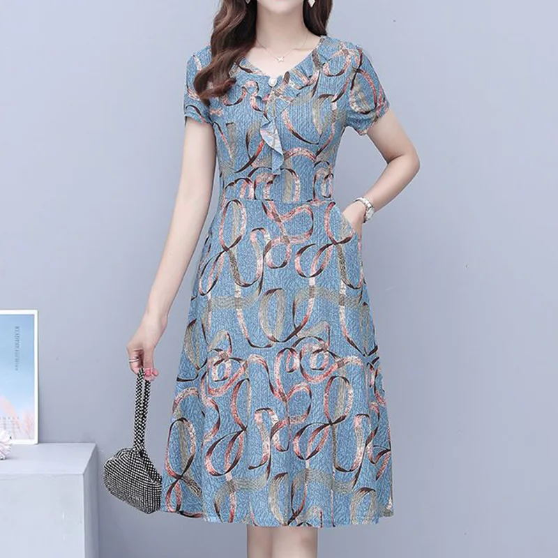 Prairie Chic Short Sleeve Umbrella Skirt Summer Women's Clothing V-Neck Floral Printing Embroidered Flares Slim Midi Dresses