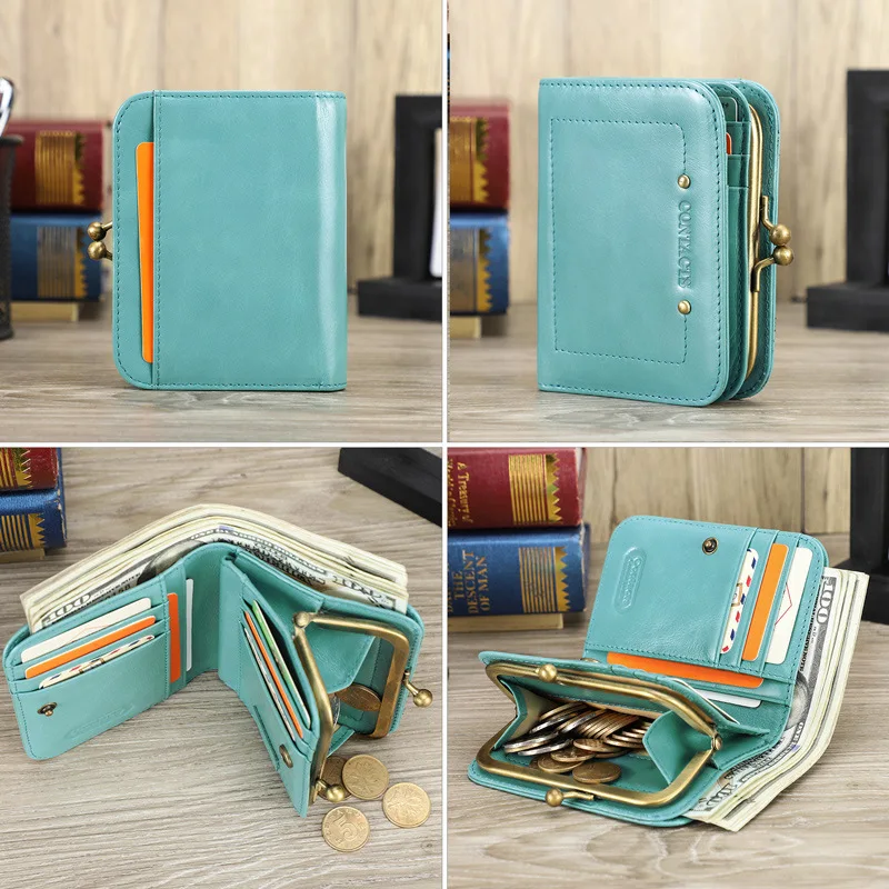 British Style Top Layer Cowhide  Anti-theft Brush Fashionable Metal Iron Hinge Zero Multi Functional Women's Leather Men Wallets