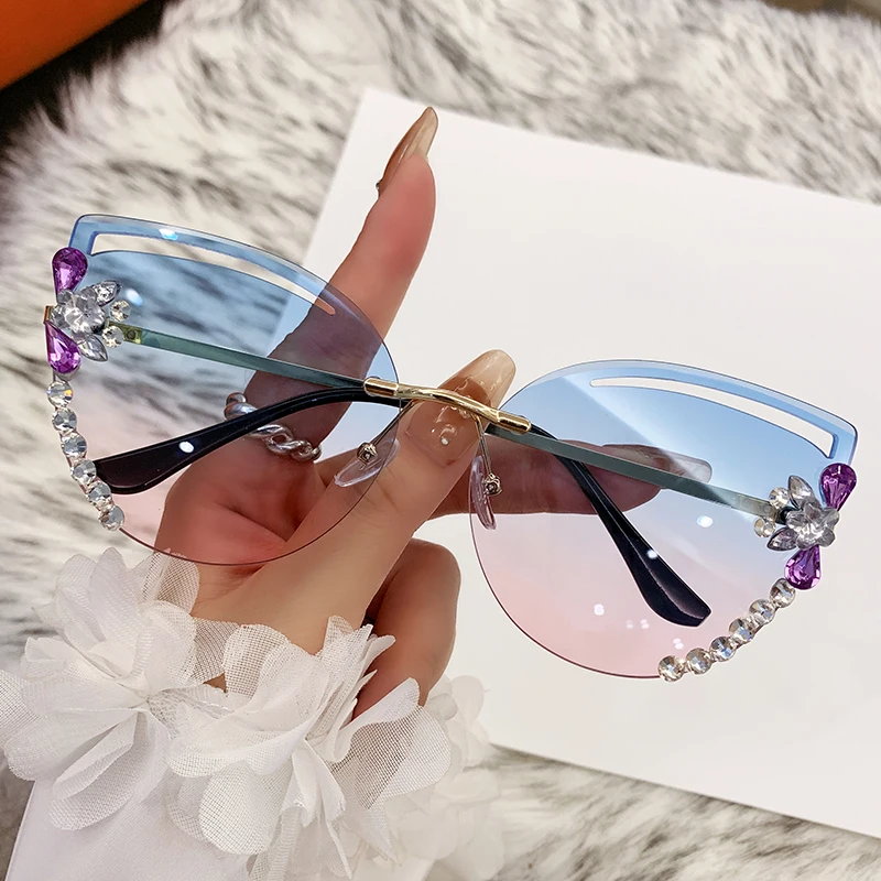 السيدات الماس 2025 العلامة التجارية الفاخرة تصميم خمر بدون شفة حجر الراين النظارات الشمسية النساء الرجال موضة التدرج عدسة نظارات شمسية ظلال #6