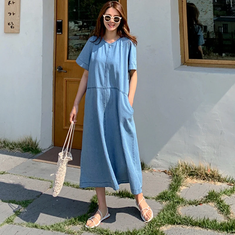 

Johnature 2024 Summer New Korean Denim Dresses Casusal O-neck Simple Short Sleeve Pockets Women Dress