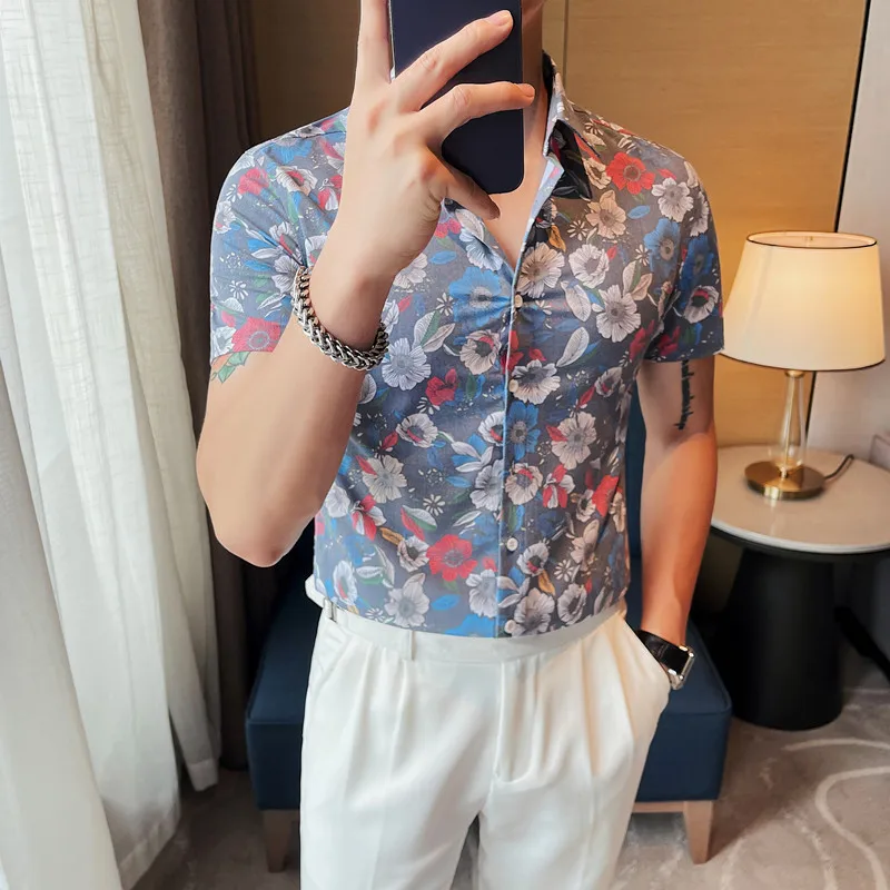 

Summer Short Sleeve Flower Shirts Men Slim Casual Business Formal Dress Shirts Fashion Beach Vacation Shirts Camisa Masculina