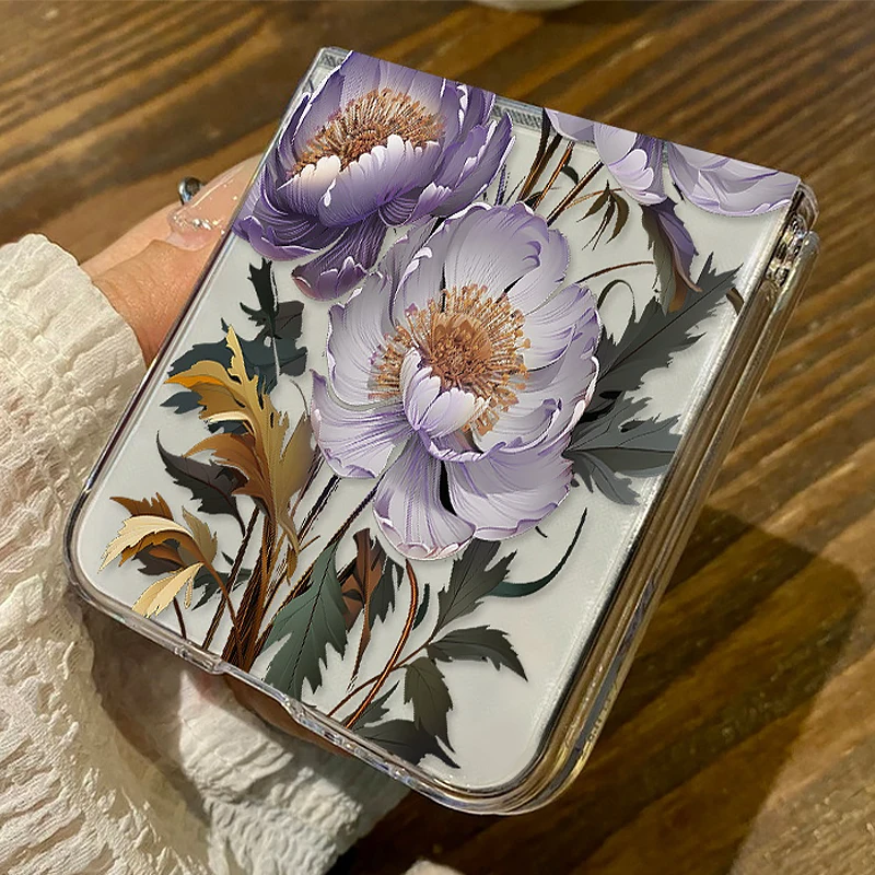 Purple Flowers Phone Case For Samsung Galaxy Z Flip7 FE Flip5 Flip6 Transparent PC Folding Cover For Samsung Z Flip 3 4 5 6 7 5G