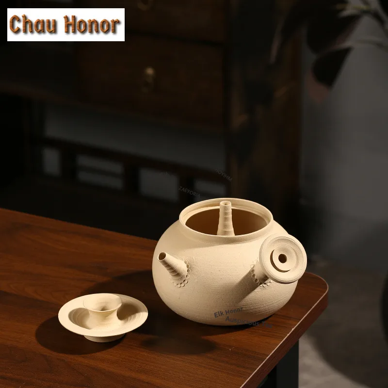 ZAEYORIA 450ml Chaozhou Kung Fu Teapot Raw Ore White Mud Side Handle Sand Kettle Boiling Water Through Heart Kettle Tea Ceremony
