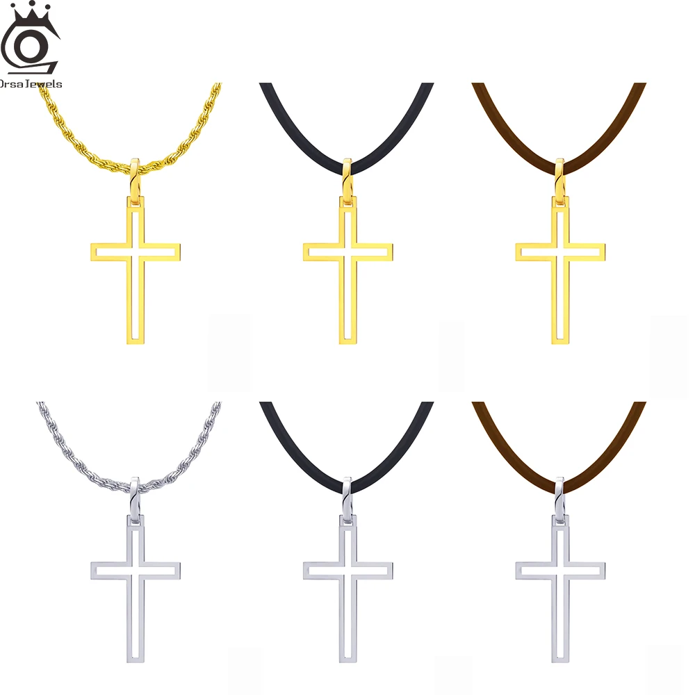 

ORSA JEWELS 925 Sterling Silver Cross Pendant Necklace 1.5mm Rope Chain Choker Hollow Cross Men Fashion 14K Gold Collares NMN05